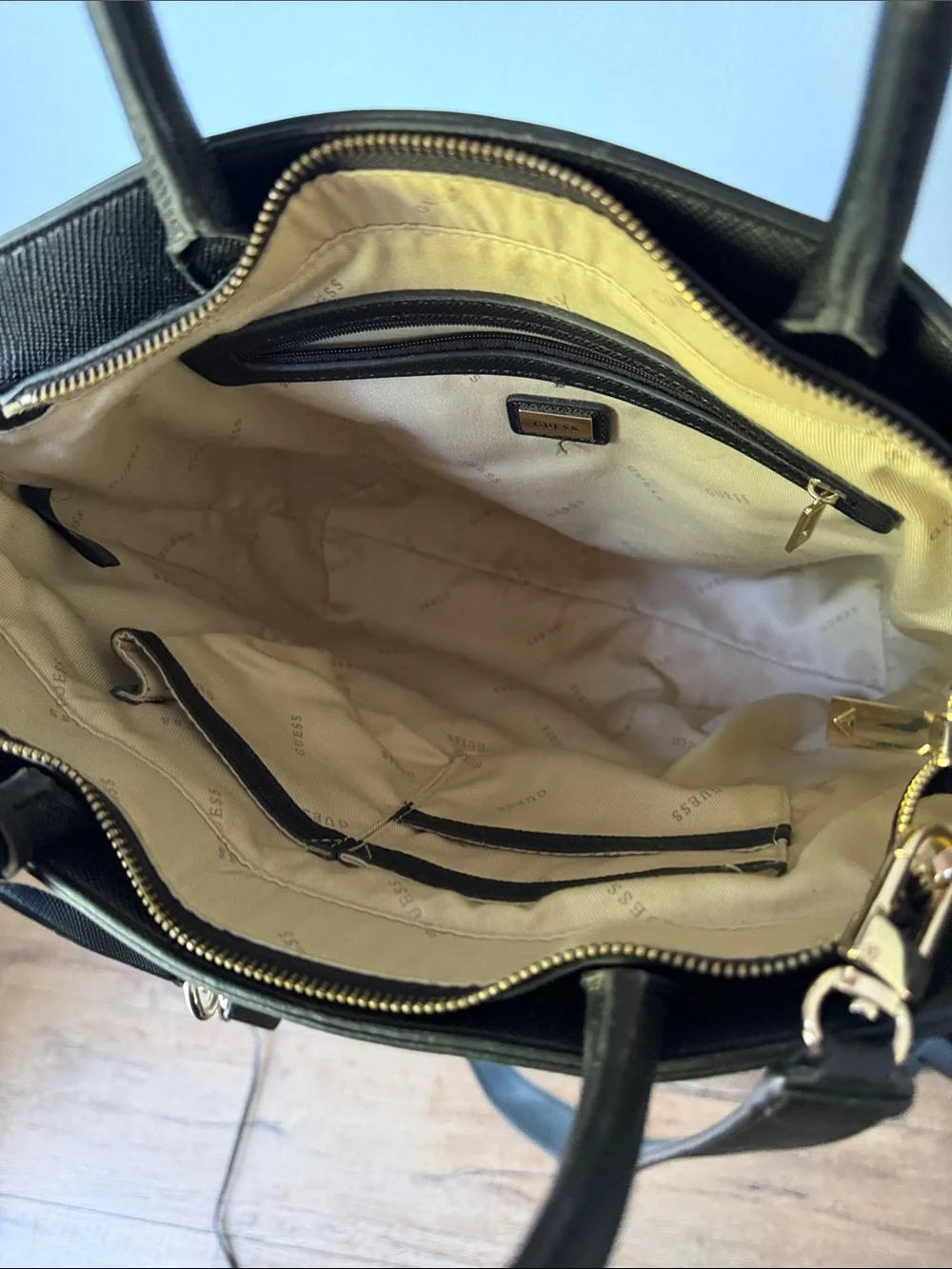 GUESS Navy Blue and Black Saffiano Tote with Key Charm